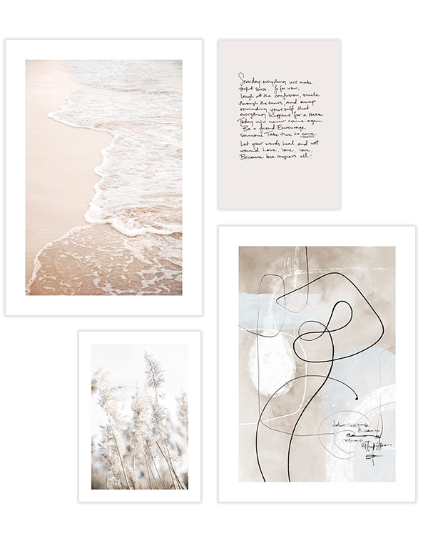 – Poster pack collection with beige line art, typography and beige beach