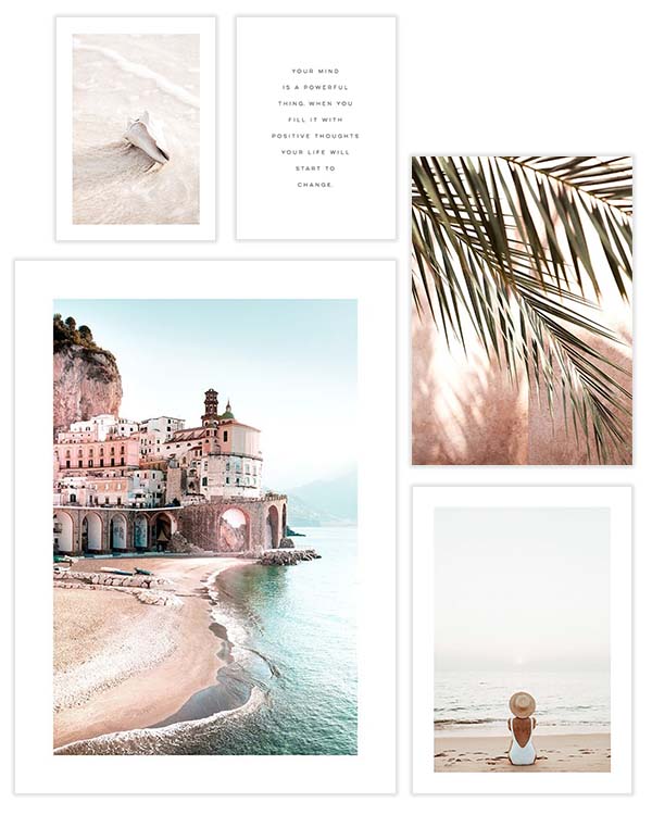 – Tropical palm leaves and colourful beach poster pack