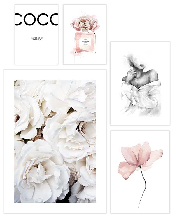 – Fashion illustrations, quotes and flowers in pink and white