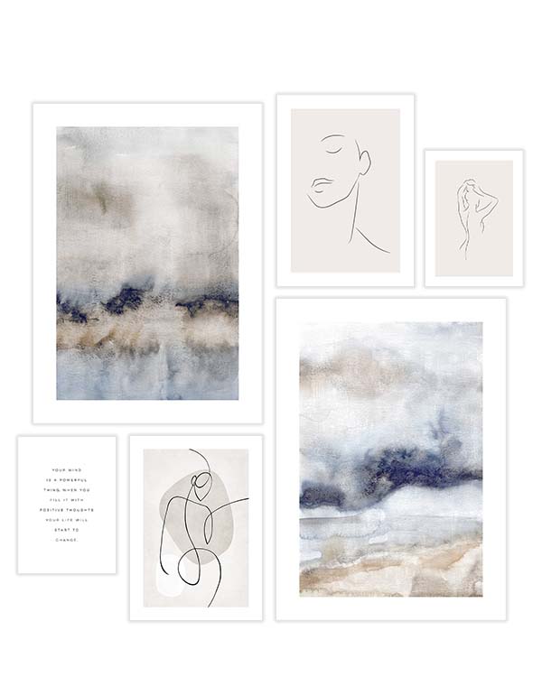 – Abstract art paintings in blue and beige poster pack collection