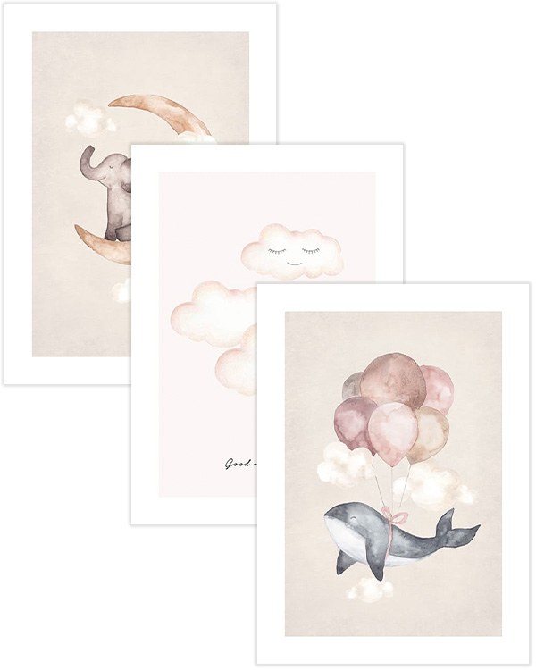 – Watercolour animal paintings on beige background poster pack collection