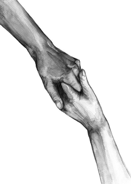  - Black and white poster with the motif of two hands painted using watercolours.