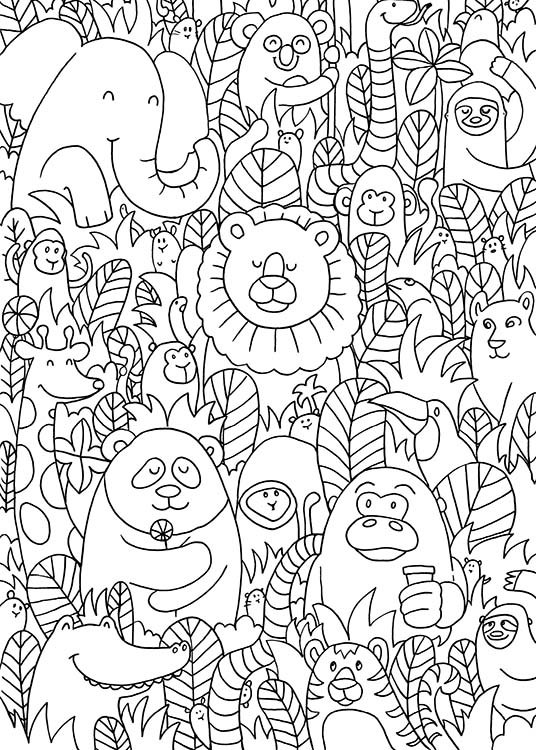  - Poster with jungle animals for the children’s room in black and white.