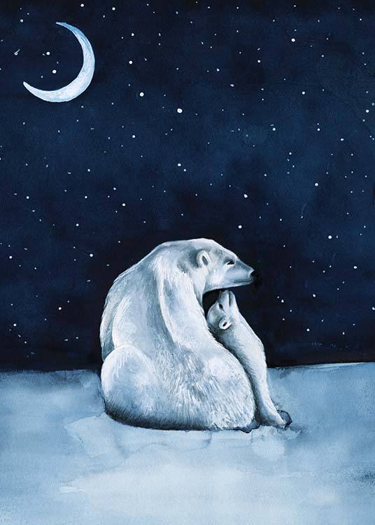  - Children’s poster with the motif of two polar bears at night under a starry sky.