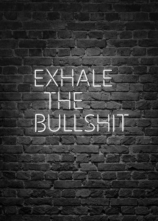  - Black and white neon poster with the words “Exhale the bullshit” on a brick wall.