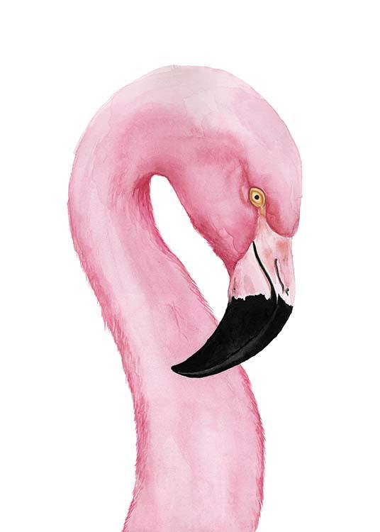 - Animal poster with a portrait of a pink flamingo drawn with watercolours on a white background.