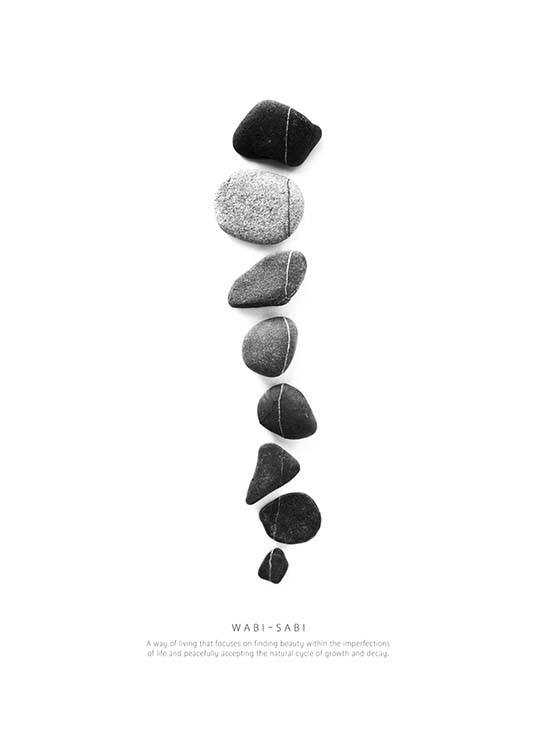  - Black and white art poster with a row of pebbles in different shapes.