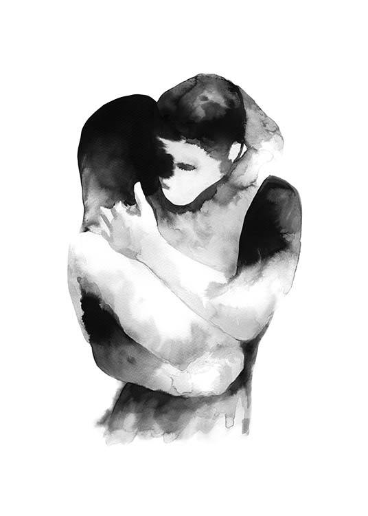  - Artful ink drawing of a couple hugging in black and white.