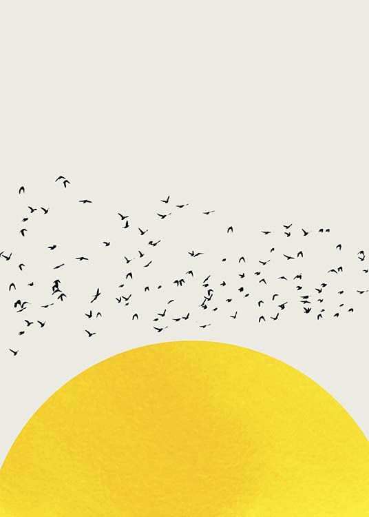  – Graphical illustration with a yellow semi-circle and a flock of birds against a beige background