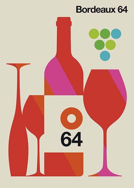 - Artful graphic poster with a Bordeaux 64 wine bottle and different wine glasses.