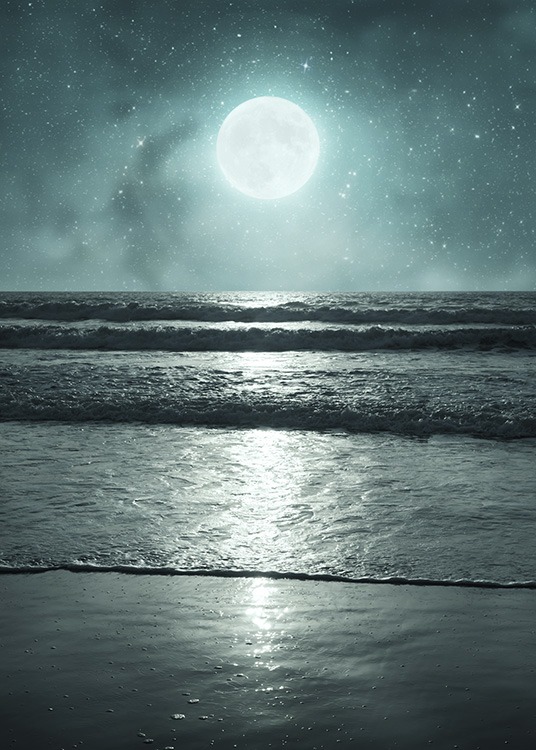  - Photography poster of a tropical night by the see with a full moon and sparkling stars.