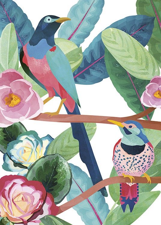  - Poster with a hand-painted motif of two colourful birds in the paradisiacal jungle.