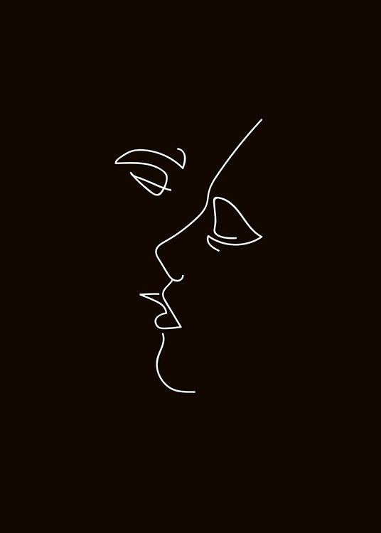  - Minimalist poster with a white sketch on a black background showing a couple kissing.