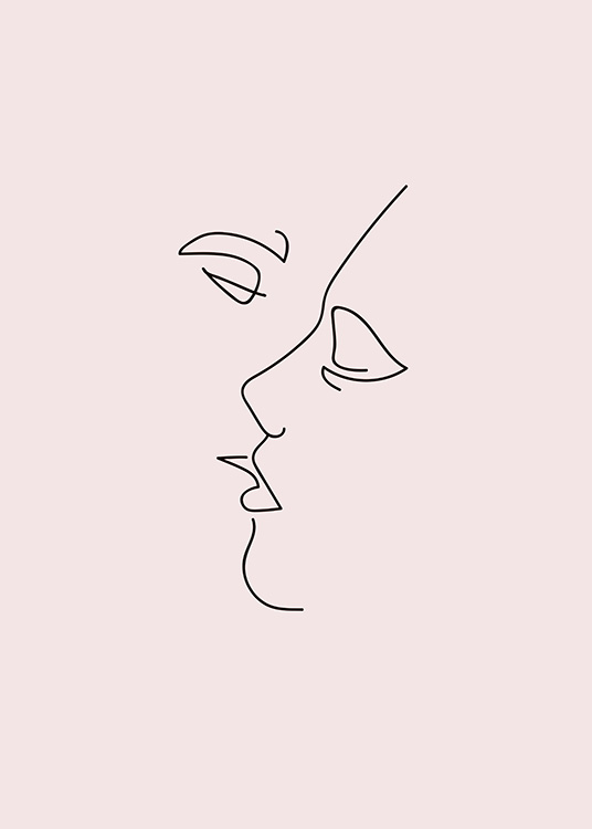 - Artful poster with black sketch on a pink background with a couple kissing.