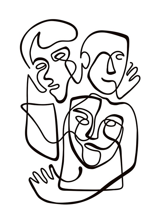  - Abstract art poster with a black and white linear portrait of three people.