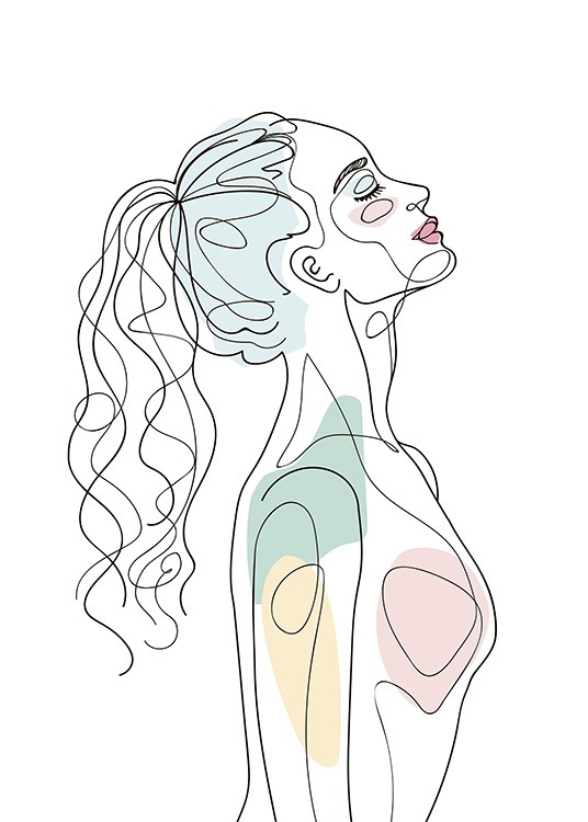  - Abstract poster with a line drawing of a girl in profile with different sections coloured