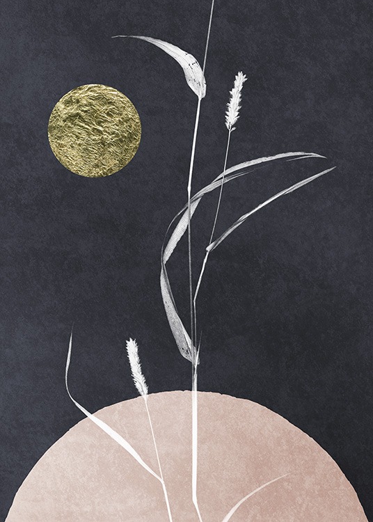  - Abstract art poster with a blade of grass in darkness and a golden moon.