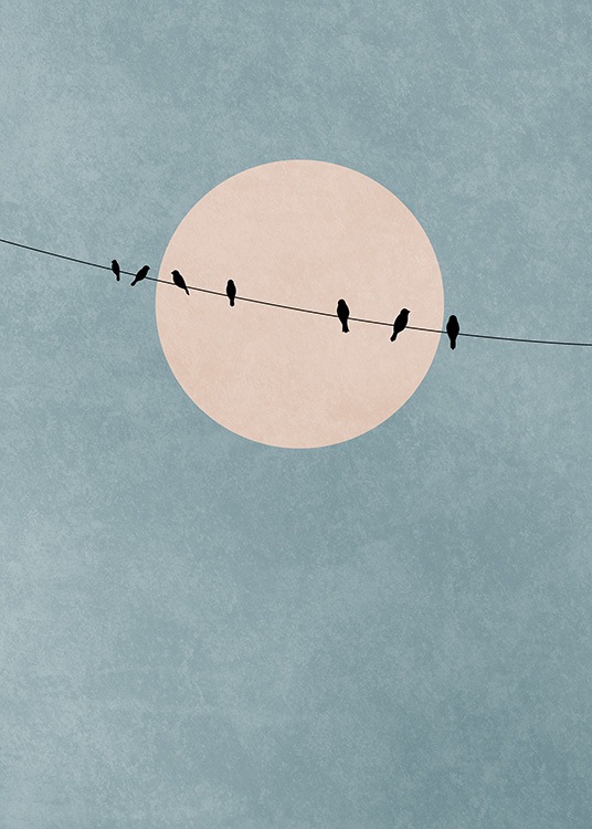  - Soothing photo poster of birds sitting on a power line in front of a pink full moon.
