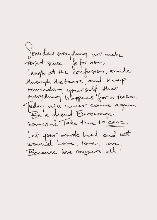  – Handwritten text poster with a letter about the here and now on a light background