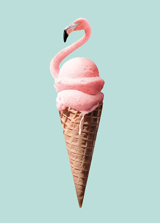  - Modern kitchen poster with some flamingo-shaped ice cream in a cone.