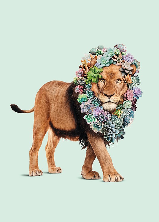  - Photo poster of a strong lion with his mane adorned with flowers.