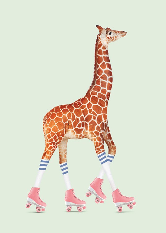  - Funny poster of a giraffe on roller skates on a light-green background.