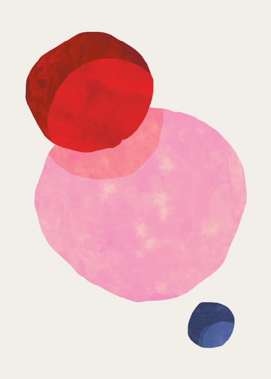  - Abstract art poster with circular spots of colour in pink, red and dark blue.