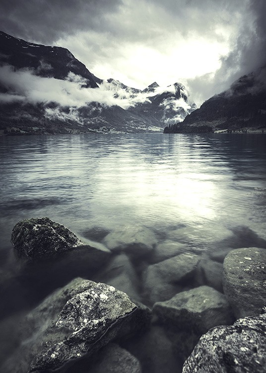  - Stylish photo poster with rocks lying in the water of a mountain lake.
