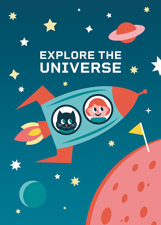  - Children’s poster with the motif of an astronaut and his cat exploring space together