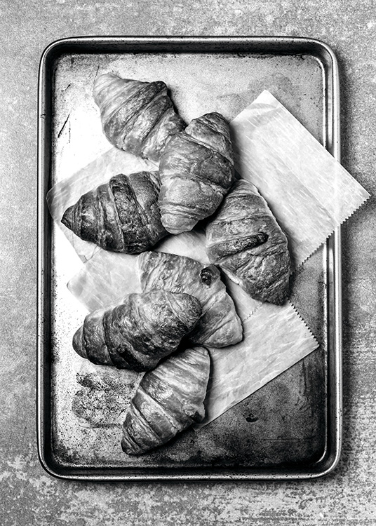  - Beautiful kitchen poster showing croissants on a tray at breakfast time.