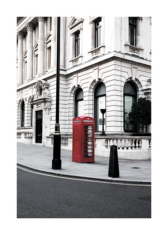  - Great photo poster with an English red telephone booth on a footpath in front of an old building