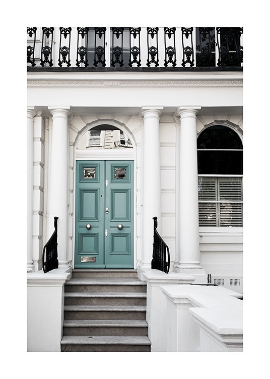  - Beautiful photo poster showing a green front door of an old white house.