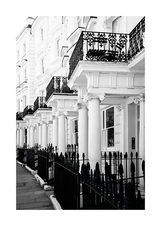  - Black and white London poster with generously-sized building entrances in Notting Hill Street.