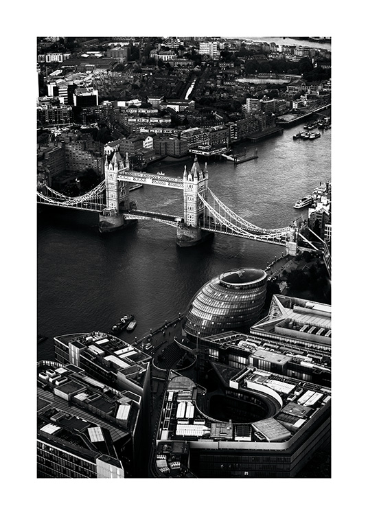  - Modern aerial shot of Tower Bridge in London in black and white.