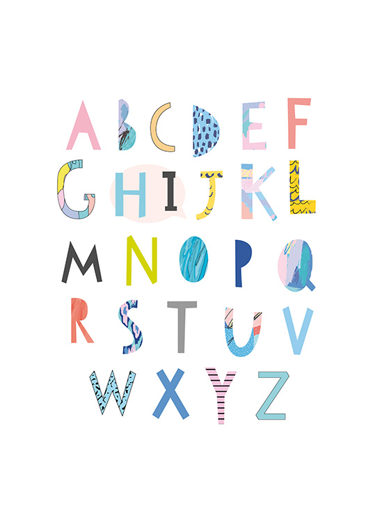 – Poster with the alphabet in colourful letters cut out in paper on a white background. 