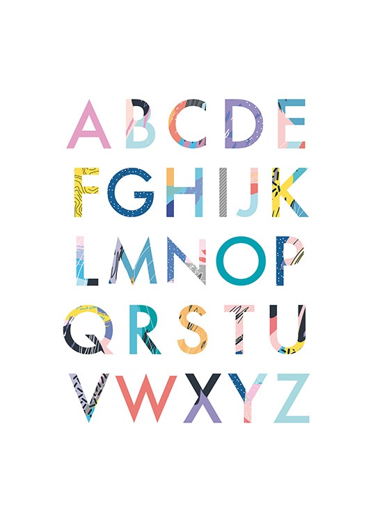 –  Poster with the alphabet in colourful letters on a white background. 