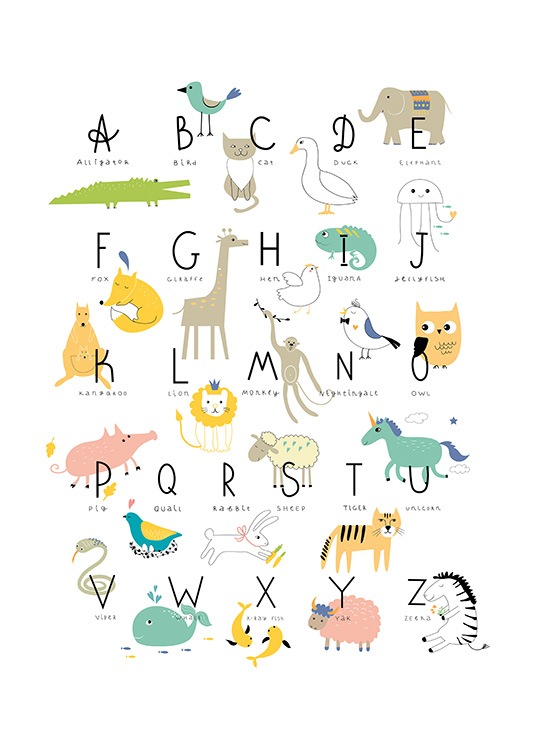 – Poster with the alphabet and animals on a white background. 