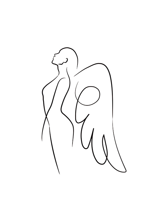 – Line art poster of an angel facing the side on a white background 