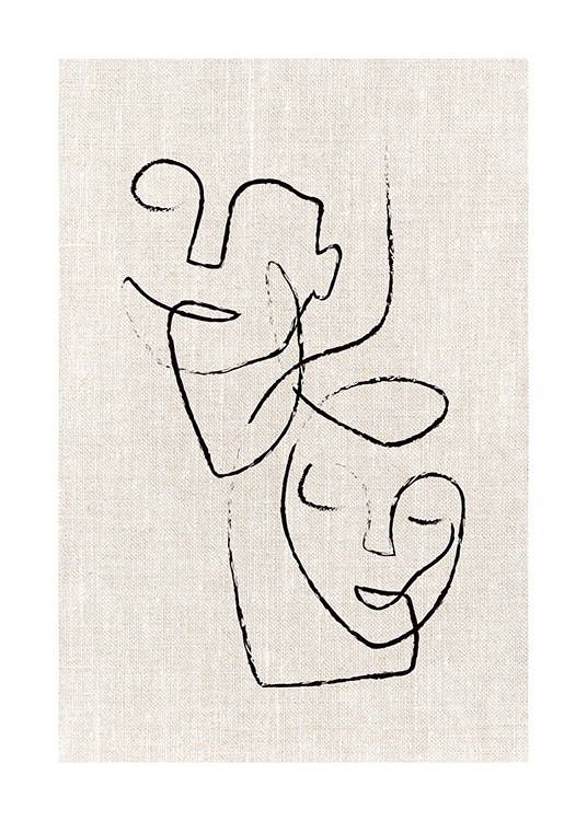  – Illustration with two abstract faces in black, drawn on a linen background in beige