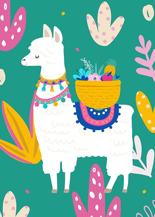 – Colourful print with a white llama in the middle 