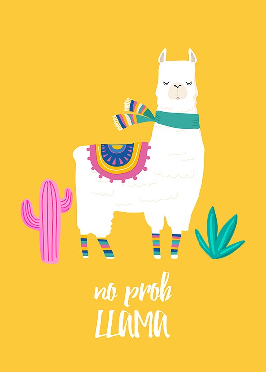 – White llama in accessories on a bright yellow background 
