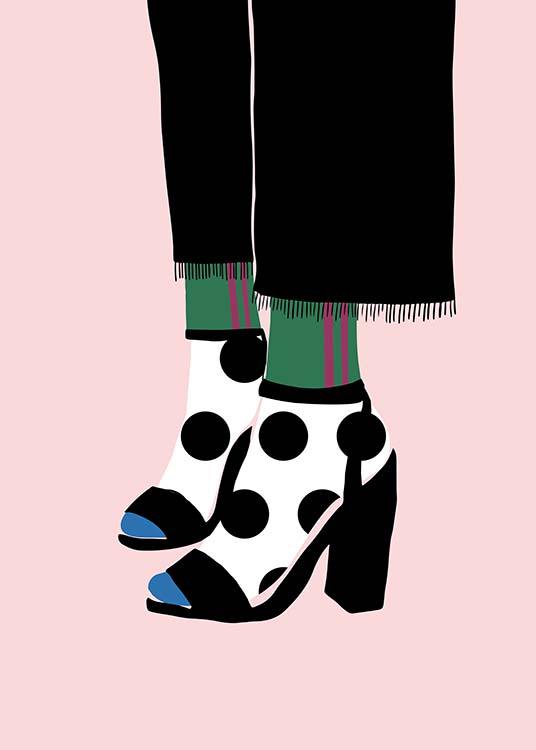 – Graphic poster of polka dot socks in heels on a pink background. 