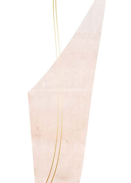 – Poster of light pink triangle-shaped art with golden strings going through on a white background. 