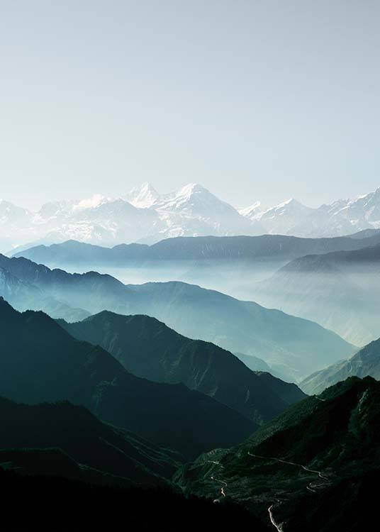 – Photograph of mountains in fading colours. 