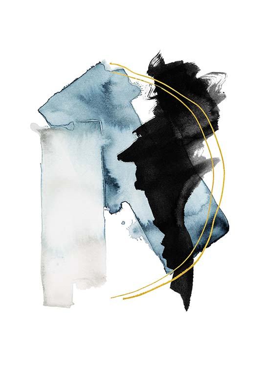  – Watercolour illustration with abstract shapes in black and blue with two gold lines