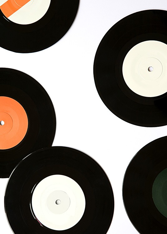 –Poster of record discs on a white background. 