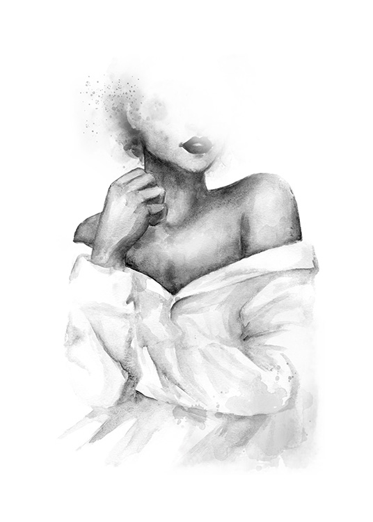  – Black and white watercolour illustration of a woman with exposed shoulders