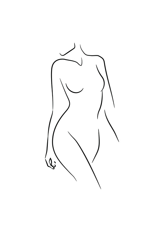 –Print of line art of a woman glancing behind herself. 