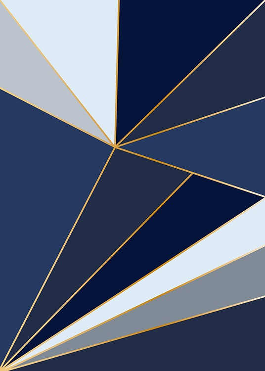  – Graphic illustrations with blue shards and gold lines separating them