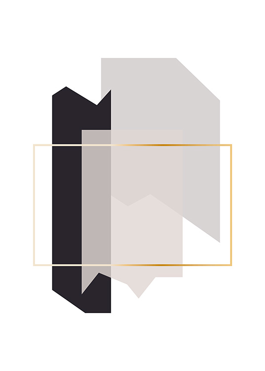  – Graphic illustration with shapes in grey looking like fragments, with a gold border in the middle